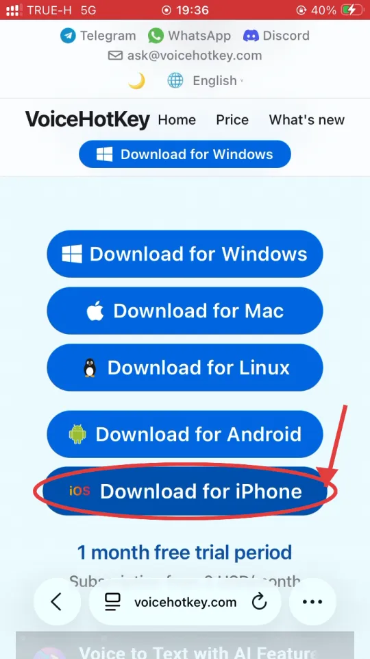 voicehotkey.com 主页上的 Download for iPhone 按钮