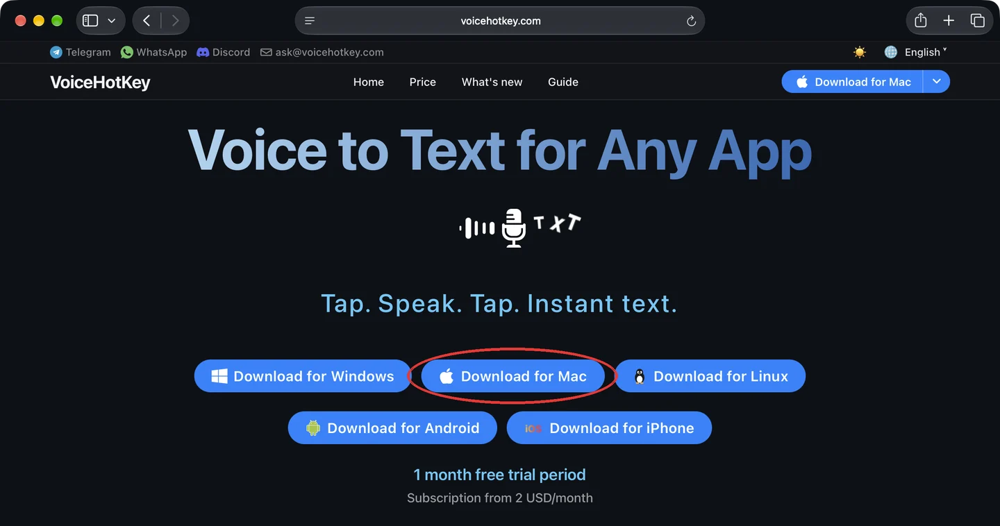 voicehotkey.com 首页上的 Mac 下载按钮