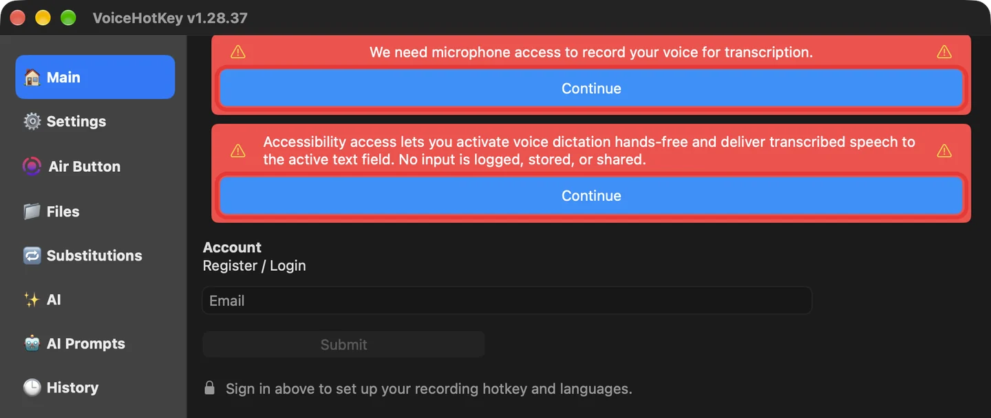 VoiceHotKey 主窗口中的麦克风和辅助功能提示
