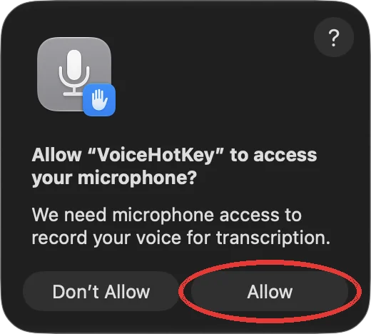 macOS 麦克风权限对话框中的“允许”按钮