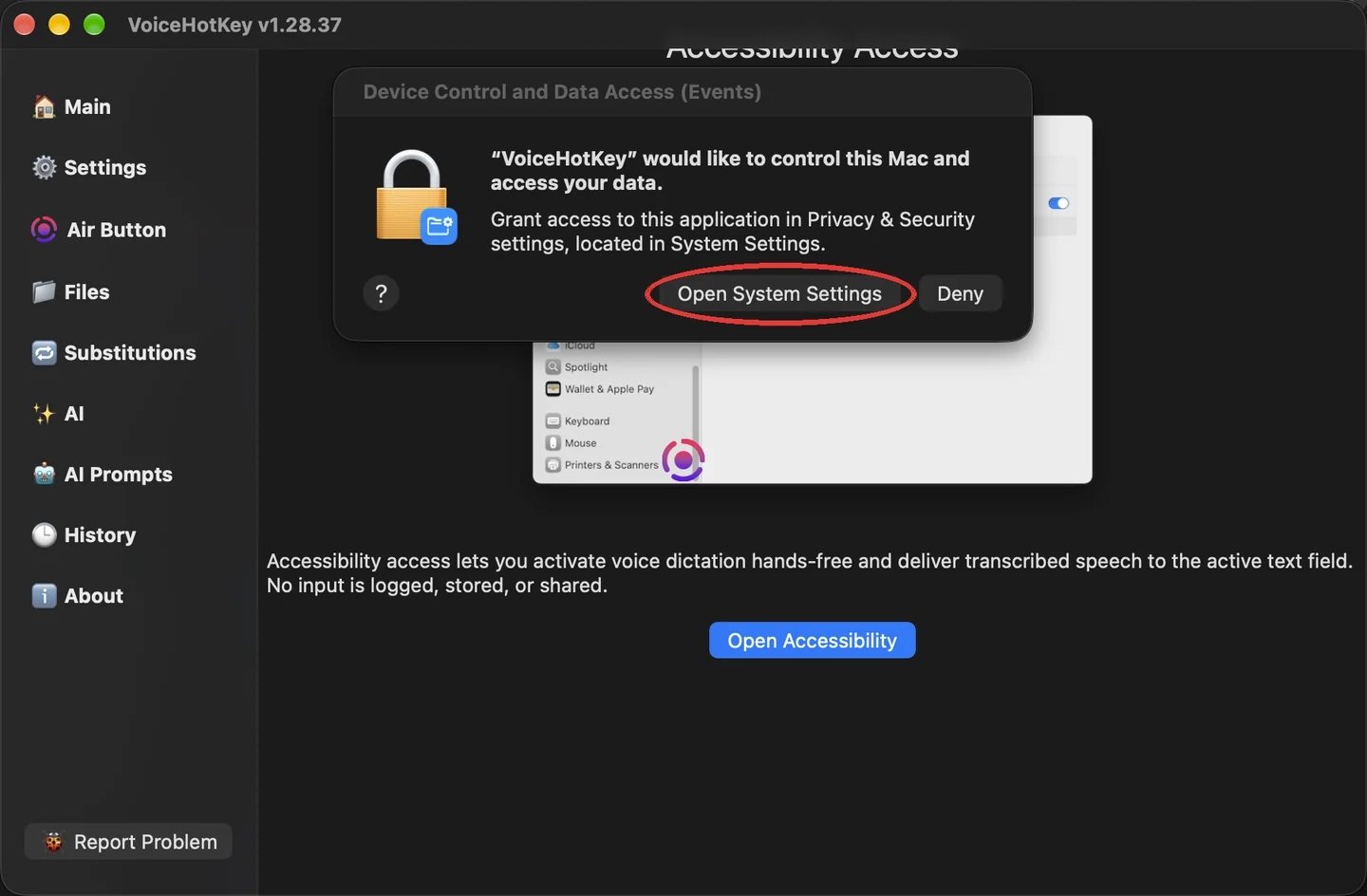 macOS 辅助功能请求中的“打开系统设置”按钮