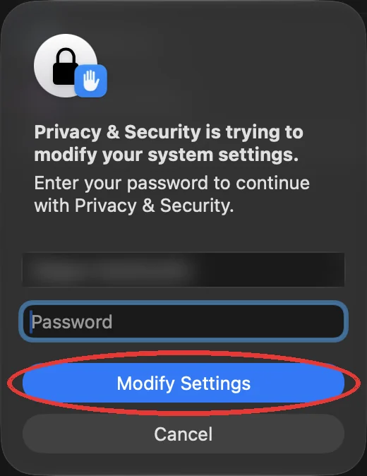 macOS 密码提示中的“修改设置”按钮