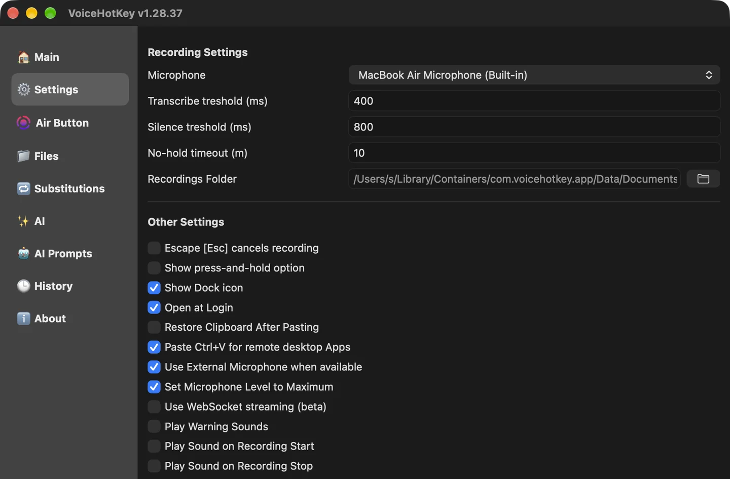 VoiceHotKey 的“设置”标签页