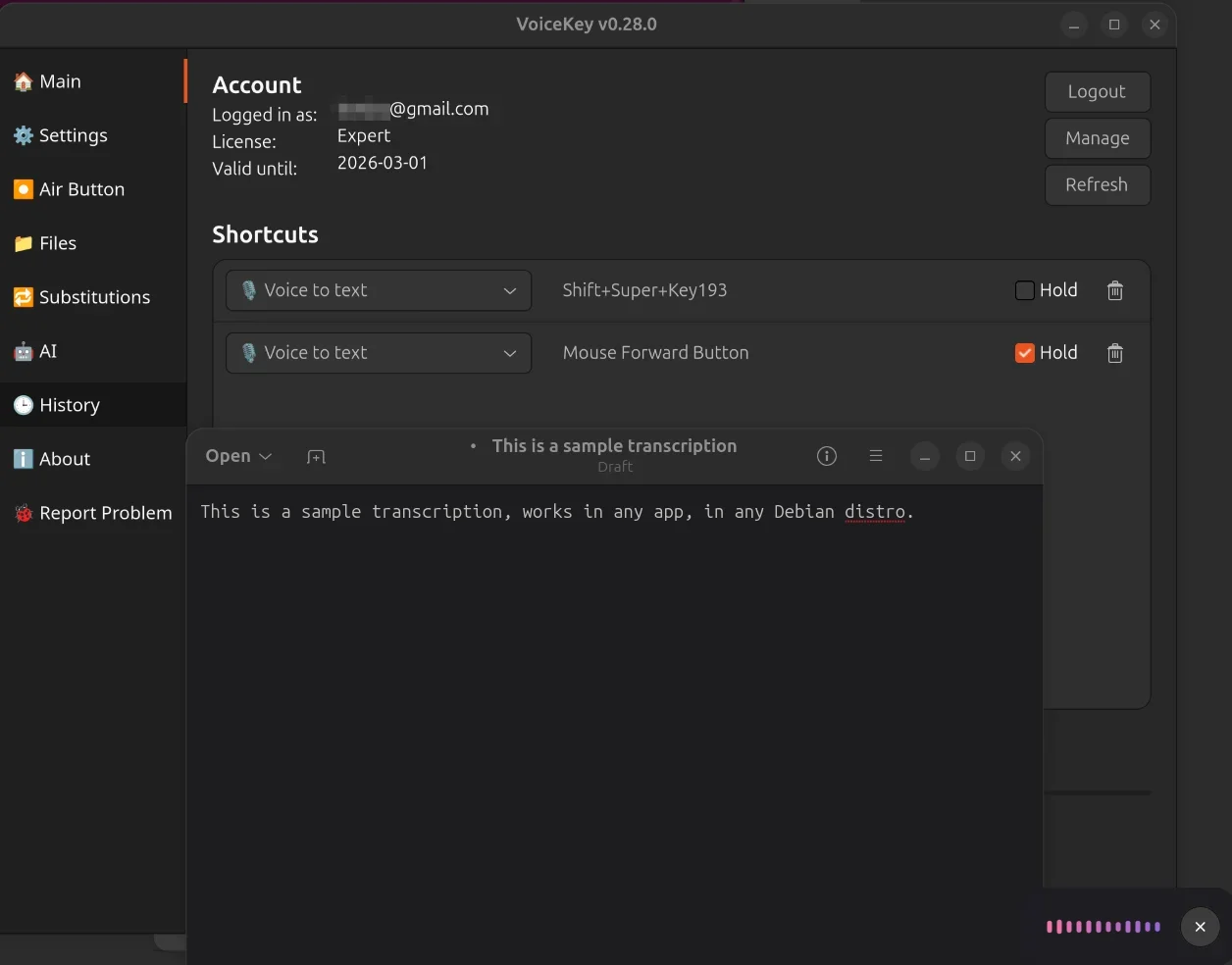 VoiceKey 语音输入应用在 Ubuntu Linux 上运行，显示快捷键和实时转录